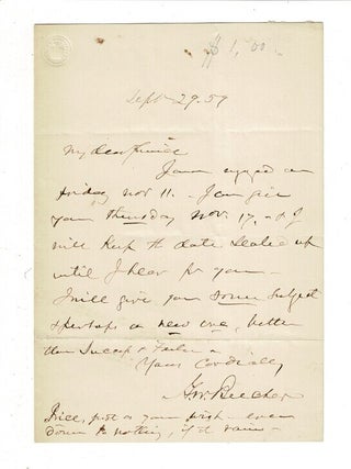 Item #57541 One-page autograph letter signed "H. W. Beecher" regarding a lecture engagement....