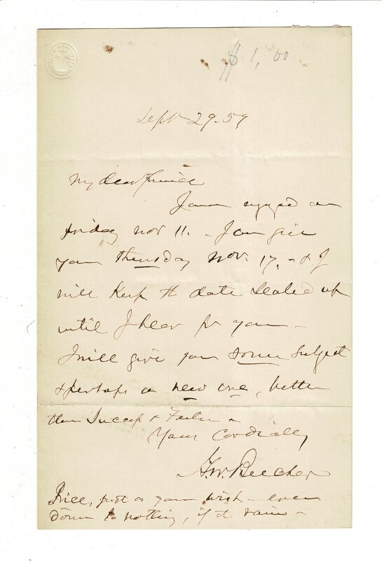 Item #57541 One-page autograph letter signed "H. W. Beecher" regarding a lecture engagement. Henry Ward Beecher.