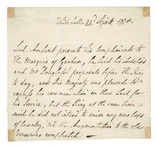 Item #57608 One-page third person autograph letter. Jeffrey Amherst, 1st Baron Amherst