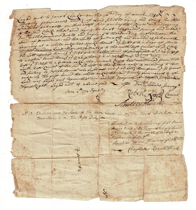 Item #57644 Deed for Pawtuxet land to Jacob Clarke, signed by Dan'l. Abbott, surveyor, and Robert Knight & Andrew Harris, as "Committee." Andrew Harris.
