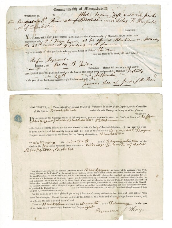 Item #57878 Fourteen warrants and summonses for the town of Blackstone, Worcester County, Massachusetts. Preserved Thayer Thayer.