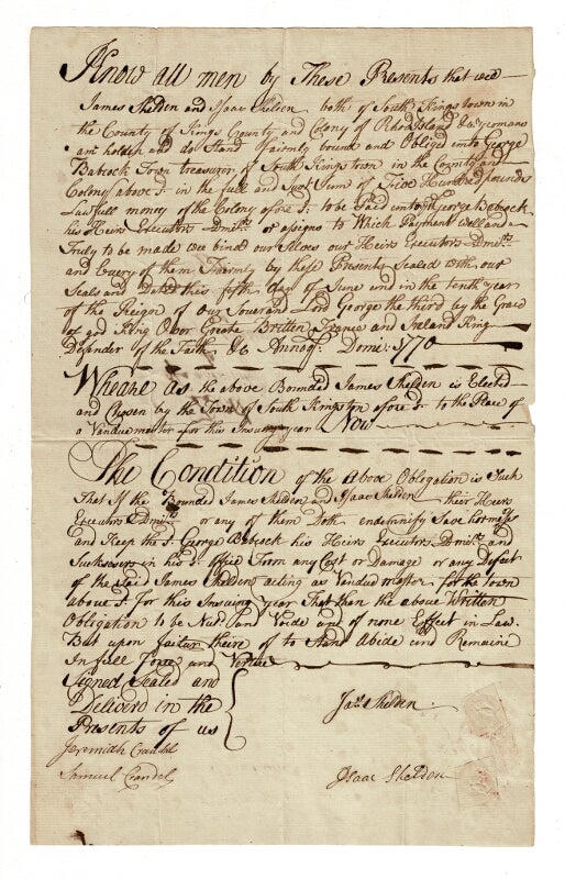 Item #58392 One-page holograph document being a bond of indemnity to George Babcock as town treasurer, d. 1770