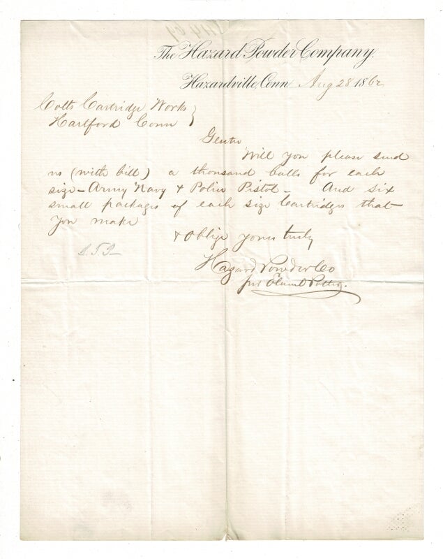 Item #58399 One-page autograph letter signed by Emuel Potter of the Hazard Powder Company to Colt's Cartridge Works in Hartford. Hazard Power Company.