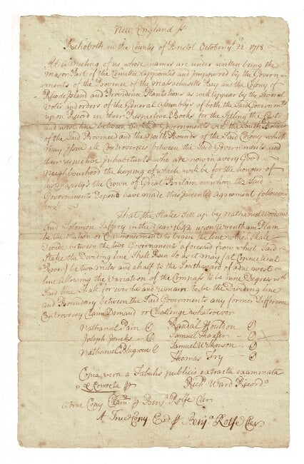 Item #58714 Contemporary manuscript "true copy" of the boundary settlement between Massachusetts and Rhode Island. Nathaniel Pain, Joseph Jencks.