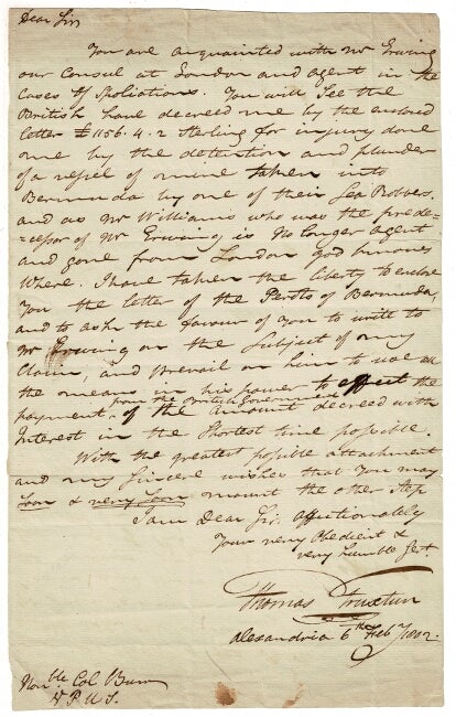 Item #58744 One-page A.L.s. to Vice-President Aaron Burr. Thomas Truxtun, U. S. N., Capt.