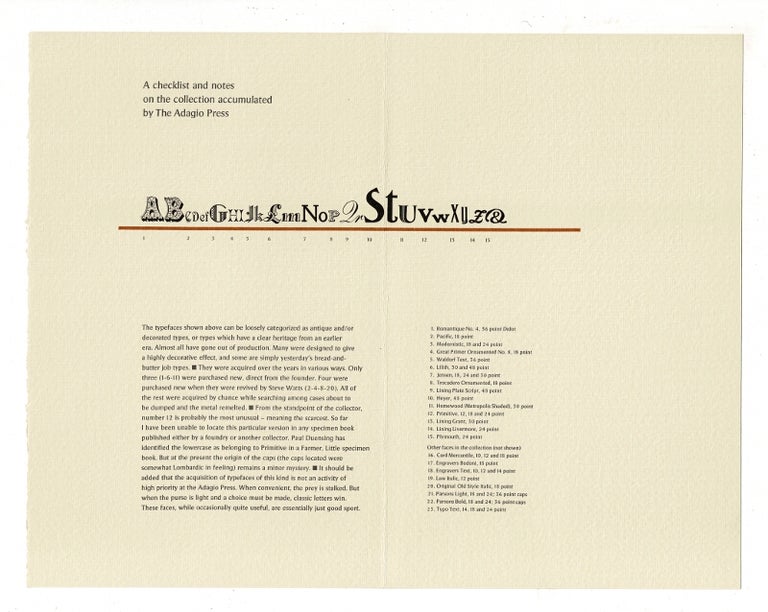 Item #5878 The collected ephemera of the Adagio Press. A continuing series of type specimens, typographic exercises and announcements printed at various times...