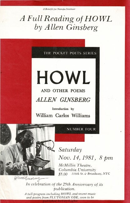 Item #58863 A benefit for Naropa Institute. A full reading of Howl by Allen Ginsberg. Allen Ginsberg.