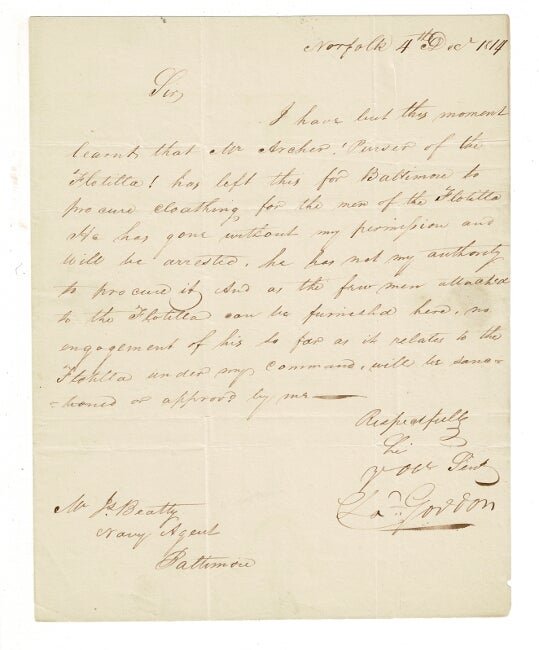 Item #58928 One-page autograph letter signed to James Beatty, Navy Agent, in Baltimore. Charles Gordon, U. S. N., Captain.