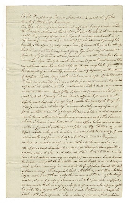 Item #58930 Contemporary copy of a lengthy two-page autograph letter signed to His Excellency James Madison, President of the United States of America. Jaleen Seelye.