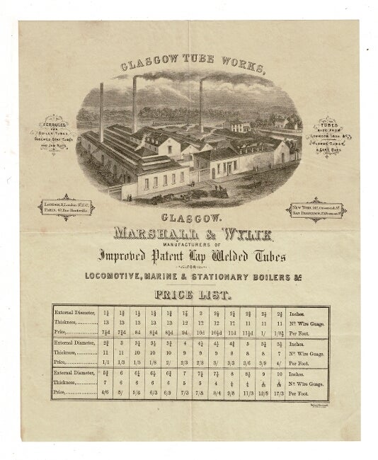 Item #58935 Glasgow Tool Works, Glasgow. Marshall & Wylie manufacturers of improved patent cap welded tubes for locomotive, marine & stationary boilers &c. Price list. Marshall, Wylie.