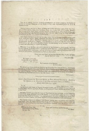 The Boston Packet, James Shepherd, Master. Instructions Issued by Vice-Admiral Graves...in Obedience to which [Lieutenant lined through and corrected in manuscript to Captain] Bromedge Siezed the Ship ... Given under my hand, on board His Majesty's Ship Preston, at Boston ... September, 1775