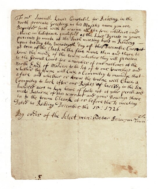 Item #59045 One-and-one-half-page autograph manuscript to Samuel Lewis, Constable of Reading, Massachusetts in the north precinct, per order of the selectmen. Peter Emerson, Town Clerk.