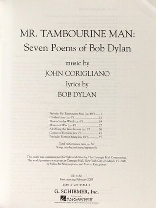 Mr. Tambourine Man: seven poems of Bob Dylan for voice and piano. Music by John Corigliano, lyrics by Bob Dylan