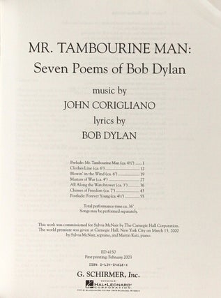 Mr. Tambourine Man: seven poems of Bob Dylan for voice and piano. Music by John Corigliano, lyrics by Bob Dylan