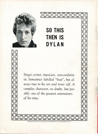 Bob Dylan. The "folk" genius of his generation. This is not a programme -- Two shillings & sixpence [wrapper title]