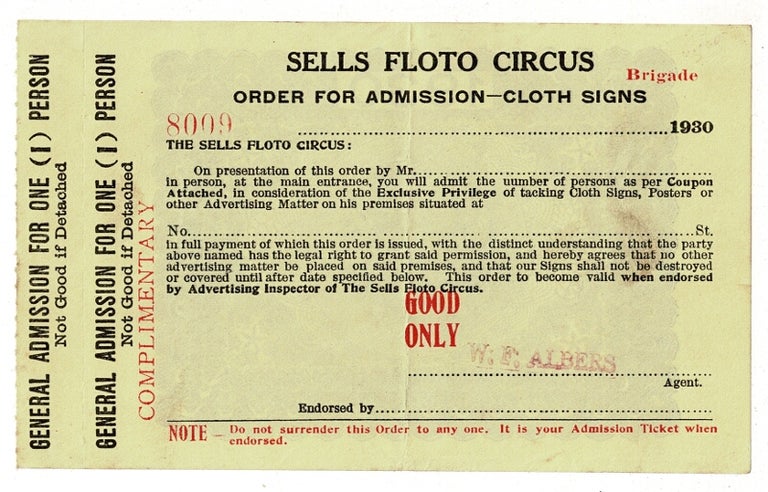 Item #60639 Sells Floto Circus order for admission