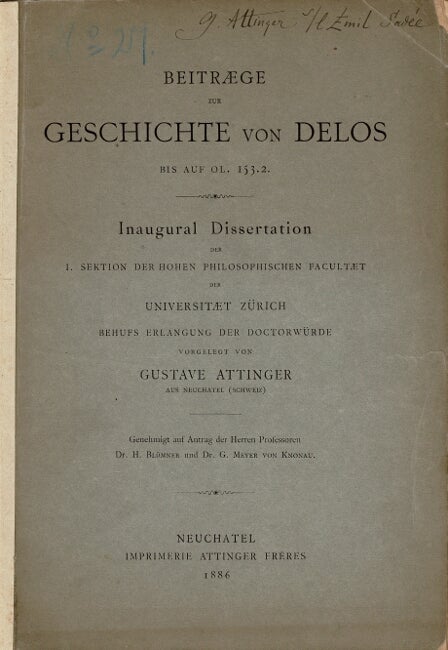 Item #61312 Beitraege zur geschichte von Delos bis auf OL. 153.2. Gustave Attinger.