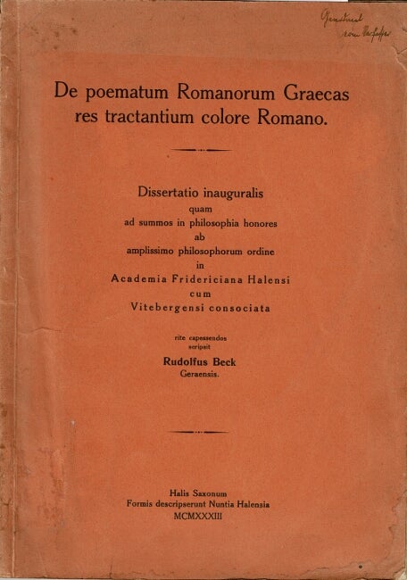 Item #61340 De poematum Romanorum Graecas res tractanium colore Romano. Rudolfus Beck.