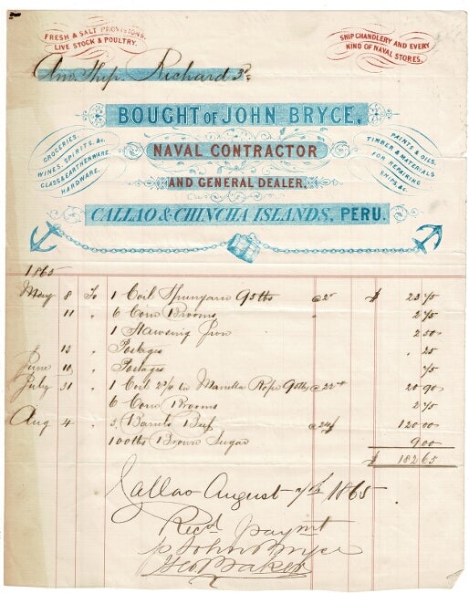Item #61651 Bought of John Bryce, naval contractor and general dealer. Callao & Chincha Islands, Peru