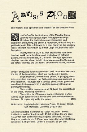Artist's Proof: brief history, type specimen and checklist of the Meadow Press