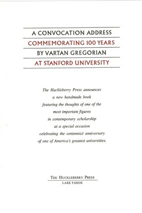 The Huckleberry Press. Lake Tahoe [cover title]. [Prospectus for:] A convocation address commemorating 100 years at Stanford University