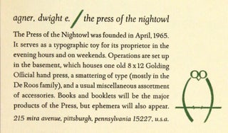 An introduction to the Press of the Nightowl, private press of Dwight E. Agner