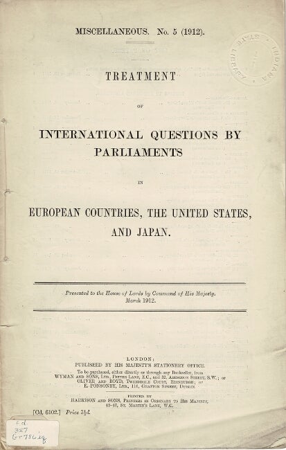 Item #63926 Treatment of international questions by Parliaments in European countries, The United States, and Japan