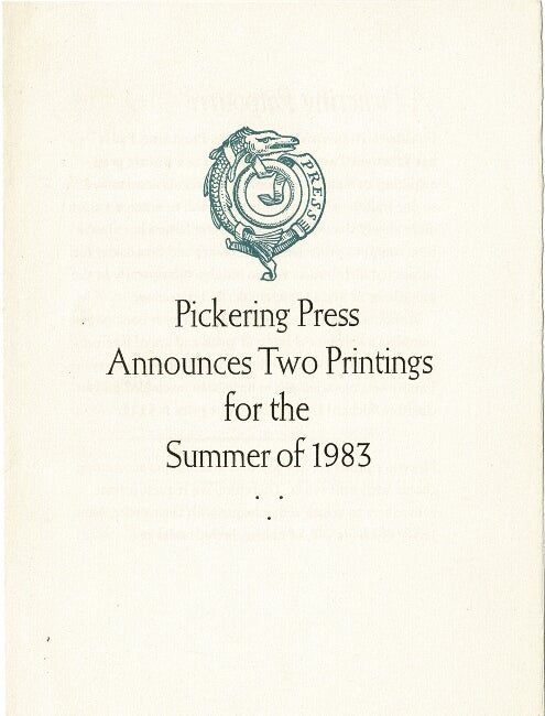 Item #64471 Pickering Press announces two printings for the Summer of 1983. John Anderson.