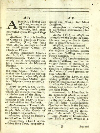 Glossographia Anglicana nova: or, a dictionary, interpreting such hard words of whatever language, as are at present used in the English tongue, with their etymologies, definitions, &c. Also, the terms of divinity, law, physick, mathematicks, history, agriculture, logick, metaphysicks, grammar, poetry, musick, heraldry, architecture, painting, war, and all other arts and sciences are herein explain’d, from the best modern authors, as, Sir Isaac Newton, Dr. Harris, Dr. Gregory, Mr. Lock, Mr. Evelyn, Mr. Dryden, Mr. Blunt, &c