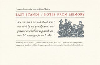 Item #65905 Last stands / notes from memory. Hilary Masters