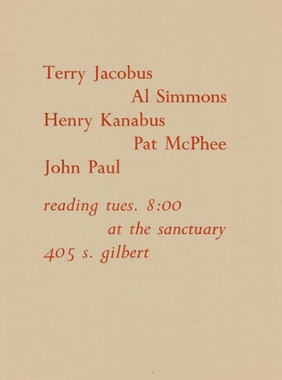 Item #65971 Terry Jacobus ... reading Tues. 8:00 at the Sanctuary. Terry Jacobus, Pat McPhee,...