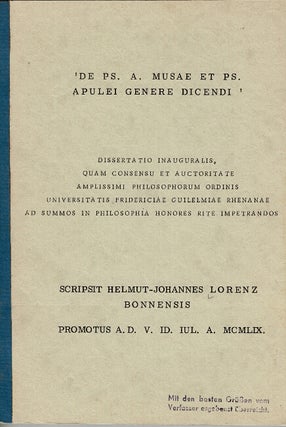 Item #66189 De Ps. A. Musae et Ps. Apulei genere dicendi. Helmut Johannes Lorenz
