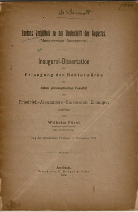 Item #66234 Suetons Verhaltnis zu der Denkschrift des Augustus. (Monumentum Ancyranum.) [cover...