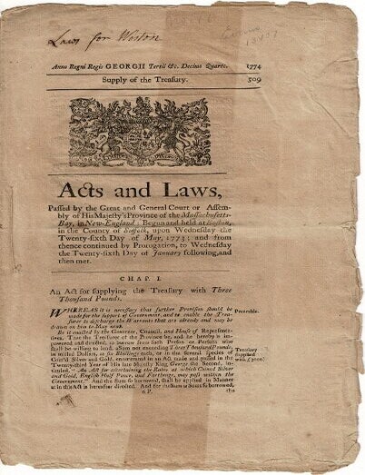 Item #66424 Acts and laws, passed by the great and general court or assembly of His Majesty&rsquo;s province of the Massachusetts-Bay, in New-England: begun and held at Boston, in the country of Suffolk, upon Wednesday the twenty-sixth day of May, 1773... [drop title]