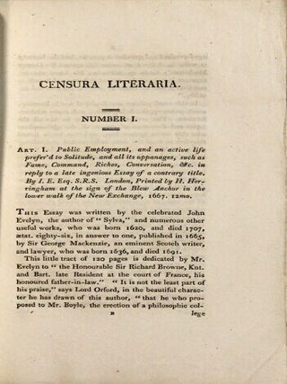 Censura Literaria. (To be continued every other month.) Containing titles and abstracts of scarce books; articles of biography, and other literary antiquities; partly in imitation of the play of Oldy’s ‘British Librarian.’ Nos. I, March 1 1805. Price Two Shillings and Sixpence