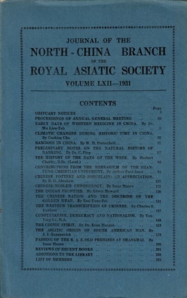 Item #67193 Journal of the North China Branch of the Royal Asiatic Society for the year 1931. Vol...