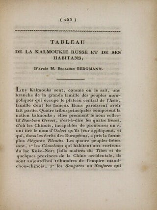 Tableau de la Kalmoukie Russe et de ses habitants. An extract from: Nouvelles anales de voyages, de la geographie et de l'histoire, ou, recueil des relations, originales inedites, communiques par des voyageurs francais et etrangers...