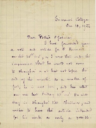 Item #68993 Two autograph letters signed to Father O'Gorman of the Mission Catholica, Peking...
