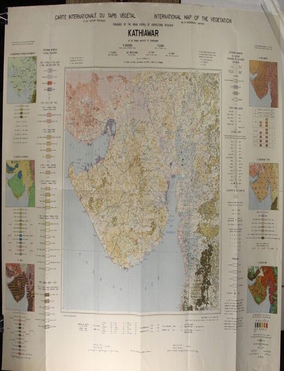 Item #70143 Map of Kathiawar. International map of vegetation. / Carte internationale du tapis vegetal. Legris Gaussen, enri, ierre.