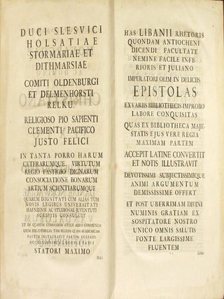 Libaniou Sophistou Epistolai. = Libanii sophistae Epistolae. Quas nunc primum maximam partem e variis codicibus, manu exaratis, edidit, Latine convertit & notis illustravit Joannes Christophorus Wolfius. Accedunt in calce ejusdem Libanii epistolae a Francisco Zambicario olim conversae