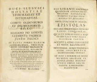 Libaniou Sophistou Epistolai. = Libanii sophistae Epistolae. Quas nunc primum maximam partem e variis codicibus, manu exaratis, edidit, Latine convertit & notis illustravit Joannes Christophorus Wolfius. Accedunt in calce ejusdem Libanii epistolae a Francisco Zambicario olim conversae