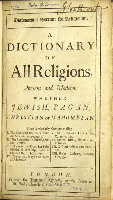 Item #9388 DICTIONARIUM SACRUM seu religiosum. A dictionary of all religions, ancient and modern...